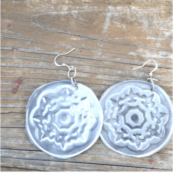 Big Silver Embossed Silver Boho Earrings Hippie Lightweight Aluminum Handmade - Picture 2 of 5